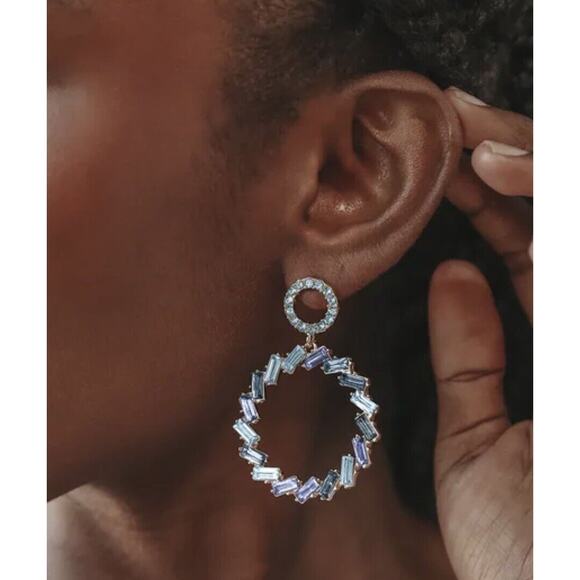 Lulus Blue Without You Blue Hues Rhinestone Statement Earrings Signed Disc Back - Picture 1 of 14